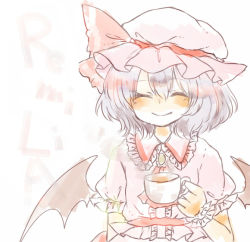 Rule 34 | 1girl, ascot, bat wings, blue hair, brooch, character name, cup, closed eyes, hat, hat ribbon, jewelry, maru usagi, mob cap, puffy sleeves, red eyes, remilia scarlet, ribbon, short sleeves, smile, solo, teacup, touhou, wings, wrist cuffs