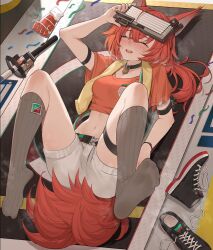 Rule 34 | 1girl, ^ ^, animal ears, arknights, arm strap, arm up, black choker, breasts, choker, closed eyes, commentary request, crop top, feet, flametail (arknights), flametail (sport for all) (arknights), grey socks, head-mounted display, knees up, legs, long hair, midriff, navel, no shoes, official alternate costume, open mouth, orange hair, orange shirt, shirt, short shorts, short sleeves, shorts, small breasts, socks, soles, solo, squirrel ears, squirrel tail, stomach, tail, thigh strap, thighs, toes, white shorts, xssh