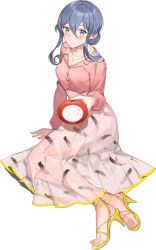 Rule 34 | 1girl, alcohol, alternate costume, blouse, blue eyes, blue hair, buttons, collarbone, cup, drew (drew213g), full body, gotland (kancolle), hair between eyes, holding, holding cup, jewelry, kantai collection, long hair, long sleeves, mole, mole under eye, necklace, official art, pencil skirt, pink shirt, pleated skirt, sakazuki, sake, see-through, see-through skirt, shirt, skirt, smile, solo, transparent background, white skirt, yellow footwear