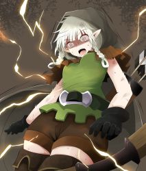 Rule 34 | 1girl, arano oki, arrow (projectile), bare arms, belt, boots, braid, brown footwear, cape, capelet, defeat, dragon&#039;s crown, electrocution, elf, elf (dragon&#039;s crown), highres, hood, open mouth, pointy ears, shaded face, shirt, shorts, silver hair, simple background, sleeveless, sleeveless shirt, solo, sweat, tears, thigh boots, thighhighs, twin braids, wide-eyed, zettai ryouiki