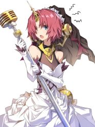 Rule 34 | 1girl, blue eyes, cleavage, dress, elbow gloves, fate/apocrypha, fate/grand order, fate (series), frankenstein&#039;s monster (fate), gloves, hair over eyes, heterochromia, horns, open mouth, pink hair, see-through, see-through cleavage, short hair, single horn, solo, tsuezu, veil, weapon, white dress, white gloves, yellow eyes