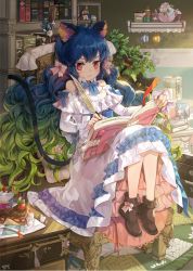 Rule 34 | 1girl, ahoge, animal ears, artist name, black cat, blue bow, blue bowtie, blue hair, blush, book, bookshelf, boots, bosack, bow, bowtie, brown footwear, cat, cat ears, cat tail, cup, curly hair, detached sleeves, dress, food, frilled boots, frilled dress, frilled skirt, frills, green hair, hair bow, knees up, long hair, long sleeves, multicolored hair, original, pastry, pink bow, plant, potted plant, quill, red eyes, rug, shelf, sitting, skirt, solo, table, tail, teacup, teapot, two-tone hair, wavy mouth