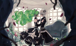 Rule 34 | 2girls, alternate color, ao (ao0 0nemu), black bow, black dress, black jacket, black pants, bow, closed mouth, couch, curtains, dancing, dark persona, detached collar, detached sleeves, dress, drill hair, falling petals, falulu, feet out of frame, flower, forehead jewel, from side, green hair, grey hair, hair between eyes, hand on another&#039;s shoulder, headphones, heart, highres, holding hands, idol clothes, indoors, jacket, leaf, long hair, long sleeves, looking at another, multiple girls, open mouth, pants, parted bangs, petals, pretty series, pripara, red flower, red rose, rose, shikyoin hibiki, short hair, sidelocks, smile, standing, twin drills, white bow, white flower, white rose, window