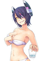 Rule 34 | 10s, 1girl, bandeau, bare shoulders, between breasts, bikini, breasts, cleavage, clenched teeth, cowboy shot, cup, eyepatch, grin, headgear, ice, ice cube, kantai collection, large breasts, looking at viewer, navel, purple hair, short hair, smile, solo, sweat, swimsuit, teeth, tenryuu (kancolle), wet, yellow eyes, yuuji (and)