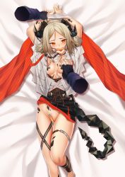 Rule 34 | 1girl, arknights, arms up, bed sheet, black choker, black dress, blonde hair, blush, bound, bound wrists, breasts, cape, choker, clothes lift, clothes pull, convenient censoring, cross pasties, demon girl, demon horns, demon tail, disembodied limb, dress, dress lift, dress pull, fangs, feet out of frame, gag, gagged, grabbing, grabbing another&#039;s breast, groin, highres, horns, ifrit (arknights), jacket, looking at viewer, lying, material growth, no panties, on back, orange cape, orange eyes, oripathy lesion (arknights), pasties, short hair, small breasts, solo focus, tail, thigh strap, variant set, white jacket, xo (xo17800108)
