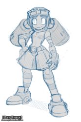 Rule 34 | 1girl, ankle boots, blue theme, boots, breasts, call (mighty no. 9), call a, detached sleeves, eyewear on head, fingerless gloves, gloves, hand on own hip, kneehighs, mighty no. 9, monochrome, nina usagi, no pupils, robot, sketch, skirt, small breasts, socks, solo, striped clothes, striped socks, twintails