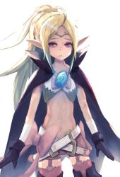 Rule 34 | 1girl, ahoge, belt, blonde hair, bow, cape, circlet, closed mouth, cowboy shot, dragonstone, fire emblem, fire emblem awakening, frown, garter straps, gloves, green scales, heart, high collar, highres, labebebe lee, legs apart, long hair, navel, nintendo, nowi (fire emblem), parted bangs, pink bow, pink shorts, pink thighhighs, pointy ears, ponytail, purple cape, purple eyes, purple gloves, scales, shorts, simple background, solo, standing, thighhighs, white background, white belt, zettai ryouiki