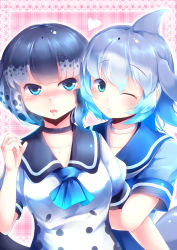 Rule 34 | 10s, 2girls, ;3, absurdres, arm hug, ascot, blue ascot, blue hair, blush, bow, choker, commentary, common bottlenose dolphin (kemono friends), fins, gradient hair, grey hair, hair bow, head fins, heart, highres, kanzakietc, kemono friends, looking at viewer, multicolored hair, multiple girls, narwhal (kemono friends), nose blush, one eye closed, open mouth, puffy short sleeves, puffy sleeves, sailor collar, school uniform, serafuku, short hair, short sleeves, spotted hair, upper body, white ascot, white hair, yuri