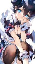 Rule 34 | 1girl, absurdres, alternate costume, apron, aqua eyes, black hair, black ribbon, blue eyes, breasts, brown thighhighs, cleavage, closed mouth, commentary request, enmaided, frilled apron, frills, genderswap, genderswap (mtf), hair between eyes, hand on own cheek, hand on own face, head rest, highres, horns, houshin engi, looking at viewer, maid, maid apron, maid headdress, medium breasts, mimoza (96mimo414), navel, neck ribbon, oni, oni horns, panties, pantyshot, puffy sleeves, ribbon, short hair, simple background, solo, squatting, stomach, taikoubou, thighhighs, underwear, white apron, white background, white panties, wrist cuffs