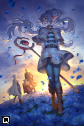 Rule 34 | 1girl, 3boys, arms behind back, belt, belt buckle, blonde hair, blue flower, blue hair, boots, brown footwear, buckle, cape, cloud, cloudy sky, commentary, dwarf, earrings, eisen (sousou no frieren), elf, english commentary, evening, flower, frieren, grass, green eyes, heiter, himmel (sousou no frieren), holding, holding staff, hood, hooded cape, jewelry, kuroi-tsuki, long hair, long sleeves, looking at another, looking back, multiple boys, pantyhose, parted lips, petals, pointy ears, shadow, sheath, sheathed, short hair, sky, sousou no frieren, staff, sunset, twintails, white cape, white hair, wind