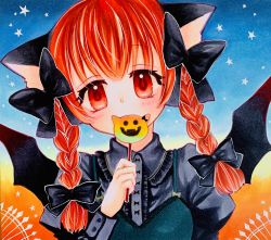 Rule 34 | 1girl, adapted costume, animal ears, black bow, blush, bow, braid, candy, cat ears, covering own mouth, cross, food, hair bow, halloween, head tilt, highres, kaenbyou rin, lollipop, looking at viewer, red eyes, red hair, shikishi, sky, solo, star (sky), star (symbol), starry sky, touhou, traditional media, twin braids, yuuki hana (jtnp5334)