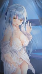Rule 34 | 1girl, :d, bad id, bad pixiv id, bare shoulders, blue bow, blue hair, blue hair-chan (ramchi), blush, bow, braid, breasts, brown eyes, cleavage, collarbone, hair bow, hair over one eye, hand up, highres, indoors, large breasts, long hair, long sleeves, looking at viewer, night, off shoulder, open clothes, open mouth, open shirt, open window, original, panties, puffy long sleeves, puffy sleeves, ramchi, shirt, signature, smile, solo, standing, underwear, very long hair, white panties, white shirt, window