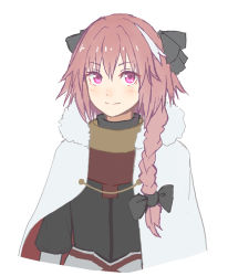 Rule 34 | 1boy, astolfo (fate), black bow, blush, bow, braid, cape, fate/apocrypha, fate (series), hair bow, highres, long hair, looking at viewer, male focus, multicolored hair, pink hair, purple eyes, purple hair, simple background, single braid, smile, solo, trap, tsukebo, two-tone hair, white background