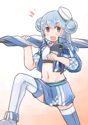 Rule 34 | 1girl, alternate costume, blue hair, blue jacket, blue skirt, checkered clothes, commentary request, cowboy shot, cropped jacket, dixie cup hat, double bun, enjaku izuku, gradient background, groin, hair bun, hat, highres, jacket, kantai collection, little blue whale (kancolle), looking at viewer, midriff, military hat, navel, race queen, samuel b. roberts (kancolle), samuel b. roberts mk ii (kancolle), short hair, skirt, thighhighs, twintails, umbrella, whale, white headwear, white thighhighs, yellow eyes