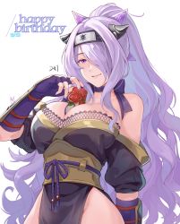 Rule 34 | 1girl, absurdres, bare shoulders, between breasts, black kimono, breasts, camilla (fire emblem), cleavage, commentary request, da-cart, fake horns, fingerless gloves, fire emblem, fire emblem fates, fire emblem heroes, flower, gloves, groin, hair over one eye, hand up, happy birthday, headband, highres, horns, japanese clothes, kimono, large breasts, long hair, nail polish, nintendo, obi, off shoulder, official alternate costume, official alternate hairstyle, pelvic curtain, ponytail, purple eyes, purple gloves, purple hair, purple nails, red flower, red rose, rose, sash, short sleeves, solo, upper body, vambraces, very long hair