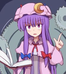 Rule 34 | 1girl, blush, book, bow, bun cover, capelet, crescent, crescent hair ornament, d:, d:&lt;, double bun, dress, gears, hair bow, hair bun, hair ornament, hat, highres, holding, holding book, index finger raised, long hair, looking at viewer, mob cap, nikori, open mouth, patchouli knowledge, purple eyes, purple hair, solo, striped clothes, striped dress, touhou, v-shaped eyebrows, very long hair