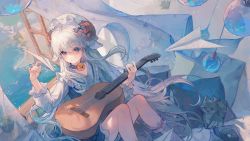 Rule 34 | 1girl, absurdres, acoustic guitar, bad id, bad twitter id, blue eyes, bow, cat, closed mouth, dress, frilled dress, frills, guitar, hair bow, hat, highres, holding, holding instrument, horns, instrument, long hair, long sleeves, maccha (mochancc), original, paper airplane, pillow, sitting, solo, white hair
