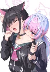 Rule 34 | 2girls, absurdres, animal ears, biting, black choker, black hair, black jacket, blue archive, blush, cat ears, choker, closed eyes, collarbone, colored inner hair, green sailor collar, grey skirt, hair ornament, hairclip, halo, highres, hood, hooded jacket, jacket, kazusa (blue archive), kurone (kurone ryuo), long hair, long sleeves, multicolored hair, multiple girls, neck biting, neckerchief, open mouth, pink hair, pink halo, pink neckerchief, purple eyes, purple hair, reisa (blue archive), sailor collar, short hair, simple background, skirt, star (symbol), star hair ornament, twintails, white background, yuri