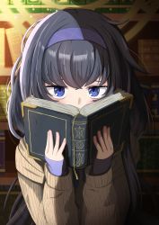 Rule 34 | 1girl, absurdres, akirondo, bags under eyes, black hair, blue archive, blue eyes, blush, book, bookshelf, covering own mouth, hairband, halo, highres, holding, holding book, library, long hair, sleeves past wrists, solo, sweater, ui (blue archive)