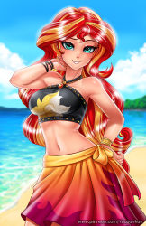 Rule 34 | 1girl, beach, bikini, bikini top only, black bikini, blonde hair, bracelet, breasts, cloud, contrapposto, day, flame print, green eyes, halterneck, hand on own hip, hasbro, jewelry, long hair, looking at viewer, medium breasts, midriff, multicolored hair, my little pony, my little pony: equestria girls, my little pony: friendship is magic, necklace, outdoors, parted lips, personification, racoon-kun, raised eyebrow, red hair, sarong, sky, smile, solo, stomach, sunset shimmer, swimsuit, two-tone hair, very long hair, watermark, web address