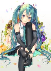 Rule 34 | 1girl, bare shoulders, black footwear, black skirt, black sleeves, black thighhighs, blue eyes, blue flower, blush, breasts, closed mouth, collared shirt, commentary request, detached sleeves, feet out of frame, floral background, flower, gradient background, green hair, green necktie, grey background, hair between eyes, hair ornament, hatsune miku, head tilt, high heels, hugging own legs, knee up, long hair, long sleeves, looking at viewer, necktie, petals, pleated skirt, purple flower, shiomizu (swat), shirt, shoes, sitting, skirt, sleeveless, sleeveless shirt, sleeves past wrists, small breasts, smile, solo, thighhighs, twintails, very long hair, vocaloid, white background, white flower, white shirt