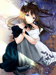 Rule 34 | 1girl, aqua eyes, artist name, artist request, back bow, bare shoulders, belt, black dress, black gloves, black skirt, blue eyes, blush, bow, bow hairband, breasts, brooch, brown hair, buttons, choker, collarbone, diamond (gemstone), dress, drop earrings, earrings, evening gown, female focus, floating hair, gloves, grey belt, grey bow, grey skirt, hair between eyes, hair bow, hairband, half updo, high ponytail, highres, jewelry, lace, lace gloves, long hair, looking at viewer, love live!, love live! nijigasaki high school idol club, love live! school idol festival, miniskirt, multicolored clothes, multicolored dress, off-shoulder dress, off shoulder, osaka shizuku, outdoors, parted lips, pink lips, plaid, plaid dress, plaid skirt, pleated, pleated dress, pleated skirt, ponytail, skirt, sleeveless, sleeveless dress, small breasts, smile, solitude rain (love live!), solo, two-tone dress, wavy hair, white bow, white choker, white dress, white skirt