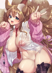 Rule 34 | 1girl, absurdres, animal ear fluff, animal ears, areola slip, between breasts, bow legwear, breasts, brown hair, cardigan, cleft of venus, fox ears, fox girl, fox shadow puppet, fox tail, green eyes, hamachi paint, highres, jacket, kitsune, large breasts, large tail, long hair, looking at viewer, multiple tails, necktie, necktie between breasts, nipples, open cardigan, open clothes, original, pink cardigan, pink jacket, plushmallow, pussy, smile, solo, striped clothes, striped thighhighs, tail, thighhighs