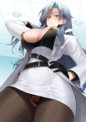 Rule 34 | 1girl, azur lane, belt, black gloves, black hair, black shirt, breasts, chkalov (azur lane), cleavage, clothing cutout, coat, covered erect nipples, crotchless, crotchless pantyhose, female pubic hair, from below, gloves, green eyes, hand in own hair, hand on own hip, high-waist skirt, highres, lab coat, large breasts, long hair, nipple slip, nipples, no bra, open clothes, open shirt, panties, panty peek, pantyhose, pencil skirt, pubic hair, shirt, shirt tucked in, skirt, sparse pubic hair, striped clothes, striped shirt, supurai, underwear, vertical-striped clothes, vertical-striped shirt, white coat