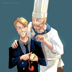 Rule 34 | 2boys, apple, artist name, asuka young, asymmetrical bangs, beard, black necktie, blonde hair, braid, braided beard, chef, chef hat, cutting, facial hair, food, formal, fruit, goatee, grin, hand on another&#039;s shoulder, hat, highres, holding, holding food, holding fruit, multiple boys, mustache, necktie, one piece, one piece (live action), red-leg zeff, sanji (one piece), short hair, simple background, smile, uniform