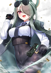 Rule 34 | 1girl, :d, absurdres, black necktie, blue archive, breasts, chest harness, coat, coat on shoulders, collared shirt, covered navel, eyewear on head, green hair, gun, hair over one eye, halo, hand up, handgun, harness, high-waist pants, highres, holding, holding gun, holding weapon, long hair, long sleeves, medium breasts, mina (blue archive), necktie, open mouth, pants, red eyes, sakurahuji-iro, shell casing, shirt, shirt tucked in, smile, smoke, solo, striped, striped coat, sunglasses, vertical-striped coat, weapon, white shirt