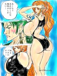 Rule 34 | 1boy, 1girl, ass, breasts, cleavage, comic, curvy, gmotida, hip focus, huge ass, huge breasts, large breasts, long hair, nami (one piece), one piece, orange hair, roronoa zoro, tattoo, thick thighs, thighs, wide hips