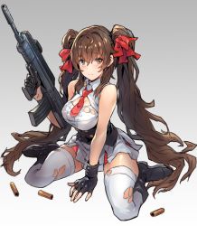 Rule 34 | 1girl, assault rifle, bare shoulders, boots, brown hair, bullpup, fingerless gloves, frown, girls&#039; frontline, gloves, gun, hair between eyes, hair ribbon, long hair, looking at viewer, necktie, pleated skirt, qbz-97, red necktie, ribbon, rifle, shell casing, shirt, sitting, skirt, solo, takahito, thighhighs, torn clothes, torn shirt, torn thighhighs, twintails, type 97 (girls&#039; frontline), very long hair, wariza, weapon, white shirt, white skirt, white thighhighs, yellow eyes