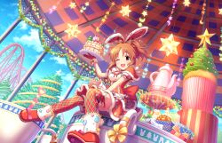 Rule 34 | 1girl, abe nana, cake, christmas, christmas tree, crescent moon, food, game cg, gloves, heart, idolmaster, idolmaster cinderella girls, idolmaster cinderella girls starlight stage, moon, official art, one eye closed, open mouth, orange hair, plate, ponytail, rabbit ears, red eyes, roller coaster, sitting, solo, star (symbol), teapot, thighhighs