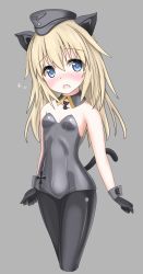 Rule 34 | 1girl, :o, animal ears, black collar, black gloves, black pantyhose, blonde hair, blue eyes, blush, breasts, cat ears, cat ornament, cat tail, collar, commentary request, cross, detached collar, flying sweatdrops, garrison cap, gloves, grey background, grey hat, grey leotard, hat, helma lennartz, highres, iron cross, kittysuit, langley1000, leotard, looking at viewer, military hat, nontraditional playboy bunny, open mouth, pantyhose, partial commentary, playboy bunny, simple background, small breasts, solo, standing, strapless, strapless leotard, strike witches: suomus misfits squadron, tail, wing collar, world witches series, wrist cuffs