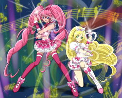 Rule 34 | 10s, 2girls, beamed quavers, blonde hair, blue eyes, boots, bow, choker, cure melody, cure rhythm, earrings, fantastic belltier, frills, full body, green eyes, houjou hibiki, jewelry, knee boots, kneeling, long hair, magical girl, midriff, minamino kanade, miracle belltier, moritakusan, multiple girls, musical note, pink bow, pink hair, pink legwear, precure, quaver, ribbon, shoes, skirt, smile, staff (music), suite precure, thighhighs, twintails, wand, white choker