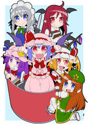 Rule 34 | 6+girls, bat wings, black gloves, blonde hair, blue dress, blue eyes, blue hair, book, bow, braid, brown hair, bucket, carrying, chibi, chinese clothes, crescent, dress, eichi yuu, fang, fangs, flandre scarlet, gloves, hair ribbon, hat, head wings, hong meiling, in bucket, in container, izayoi sakuya, jitome, knife, koakuma, looking at viewer, maid, maid headdress, mob cap, multiple girls, open mouth, pants, patchouli knowledge, pink dress, pink eyes, pointy ears, purple eyes, purple hair, red dress, red eyes, red hair, remilia scarlet, ribbon, shirt, silver hair, skirt, skirt set, smile, touhou, tress ribbon, twin braids, wings, wrist cuffs