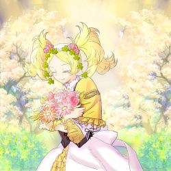 Rule 34 | blonde hair, bouquet, braid, cape, closed eyes, clover, clover hair ornament, collar, dress, fire emblem, fire emblem awakening, fire emblem heroes, flower, flower ornament, frilled collar, frilled sleeves, frills, hair ornament, highres, hisuiflask, lissa (fire emblem), lissa (valentine) (fire emblem), nintendo, official alternate costume, ribbon, self-upload, solo, twin braids, twintails