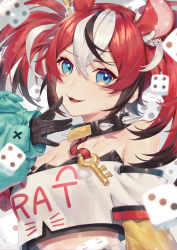 Rule 34 | 1girl, animal ear fluff, animal ears, bare shoulders, black gloves, black hair, blue eyes, cheese, clothes writing, collar, commentary, crop top, dice hair ornament, food, gloves, hair between eyes, hair ornament, hakos baelz, hand to own mouth, hand up, highres, hololive, hololive english, key, long hair, long sleeves, looking at viewer, mouse ears, mouse girl, multicolored hair, off-shoulder shirt, off shoulder, open mouth, red hair, sharp teeth, shirt, smile, solo, spiked collar, spikes, streaked hair, teeth, twintails, upper body, virtual youtuber, wenz, white hair, white shirt