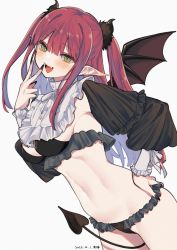 Rule 34 | 1girl, :d, bikini, breasts, cowboy shot, demon tail, demon wings, detached collar, detached sleeves, fangs, frilled bikini, frilled shirt collar, frills, green eyes, hand on own hip, hand up, highres, kitagawa marin, long hair, looking at viewer, medium breasts, mimelond, navel, open mouth, pointy ears, red hair, rizu-kyun, smile, solo, sono bisque doll wa koi wo suru, stomach, swimsuit, tail, two side up, wings