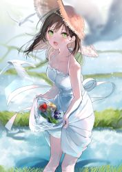 Rule 34 | 1girl, :d, animal, bare shoulders, bird, black hair, blush, breasts, cucumber, dress, eggplant, food, green eyes, hat, highres, long hair, looking at viewer, miwano rag, onion, open mouth, original, outdoors, sleeveless, sleeveless dress, smile, solo, straw hat, vegetable, water, white dress