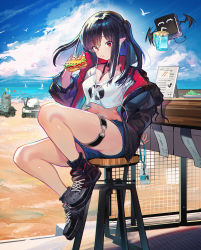 Rule 34 | 1girl, ^ ^, absurdres, ankle boots, arknights, bar stool, bare legs, beach, black footwear, black hair, black jacket, blue hair, blue shorts, boots, breasts, castle-3 (arknights), chinese commentary, cleavage, closed eyes, closure (arknights), cloud, cloudy sky, colored inner hair, commentary request, commission, counter, creature, crop top, crop top overhang, day, denim, denim shorts, earphones, eating, food, food on face, full body, gaanc 23 (tomosuge), hand on own hip, heart, highres, holding, holding food, huge filesize, id card, jacket, lancet-2 (arknights), long hair, long sleeves, looking at viewer, medium breasts, mixed-language commentary, multicolored hair, navel, ocean, open clothes, open jacket, outdoors, pointy ears, red eyes, sandwich, shirt, short shorts, shorts, sidelocks, sitting, sky, stomach, stool, thigh strap, two-tone hair, unzipped, white shirt
