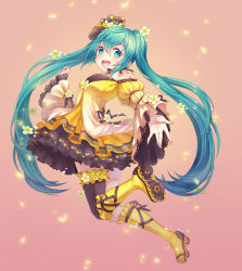 Rule 34 | 1girl, :d, absurdres, asymmetrical legwear, black thighhighs, blue eyes, blue hair, dress, floating hair, hair between eyes, hatsune miku, hatsune speed: hatsune miku roller skating music, highres, hiroshi taeru qwq, layered dress, long hair, long sleeves, looking at viewer, open mouth, outstretched arm, roller skates, short dress, single thighhigh, skates, smile, solo, thighhighs, twintails, uneven legwear, very long hair, vocaloid, wide sleeves, yellow dress, yellow footwear