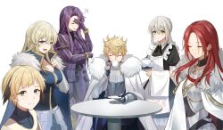 Rule 34 | 2boys, 4girls, 9 vcat, :d, alternate costume, annoyed, apron, armor, artoria pendragon (fate), artoria pendragon (lancer) (fate), bedivere (fate), black dress, blue cape, blue eyes, blush, braid, breastplate, breasts, brown hair, cape, chinese commentary, cleavage, closed eyes, closed mouth, collared dress, cup, detached collar, dress, drinking, enmaided, fate/grand order, fate (series), faulds, fur-trimmed cape, fur trim, gareth (fate), gauntlets, gawain (fate), genderswap, genderswap (ftm), genderswap (mtf), green eyes, grey hair, hair between eyes, hair flaps, hand on own chest, high collar, highres, holding, holding cup, holding saucer, holding teapot, holding towel, knights of the round table (fate), lancelot (fate/grand order), long hair, looking at viewer, maid, maid apron, medium breasts, multicolored hair, multiple boys, multiple girls, open mouth, parted bangs, parted lips, ponytail, puffy short sleeves, puffy sleeves, purple armor, purple hair, recursive genderswap, red hair, rerebrace, round table, saucer, second-party source, short sleeves, sidelocks, simple background, smile, table, teacup, teapot, towel, tristan (fate), two-tone hair, white apron, white background, white cape