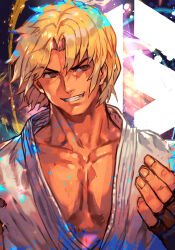 Rule 34 | 1boy, blonde hair, brown gloves, collarbone, fingerless gloves, gloves, hungry clicker, ken masters, male focus, muscular, muscular male, official alternate costume, parted bangs, pectoral cleavage, pectorals, shirt, smile, solo, street fighter, street fighter 6, umehara daigo, upper body, v-shaped eyebrows, white shirt