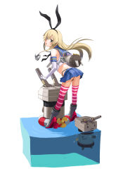 Rule 34 | 10s, 1girl, anchor, black panties, blonde hair, boots, brown eyes, elbow gloves, elrowa, gloves, grey footwear, hairband, highres, kantai collection, lifebuoy, long hair, looking at viewer, looking back, panties, pantyshot, personification, rensouhou-chan, shimakaze (kancolle), simple background, skirt, striped clothes, striped thighhighs, swim ring, thighhighs, thong, underwear, upskirt, water, white background