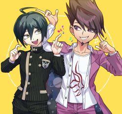 Rule 34 | 2boys, :d, ahoge, black pants, brown eyes, brown hair, buttons, collarbone, danganronpa (series), danganronpa v3: killing harmony, double-breasted, facial hair, goatee, grin, hair between eyes, haji (hajimaji), hands up, highres, jacket, looking at another, male focus, momota kaito, multiple boys, musical note, open clothes, open jacket, open mouth, open shirt, pants, pink eyes, pink jacket, pink pants, print shirt, saihara shuichi, shirt, sideways glance, smile, space print, starry sky print, striped clothes, striped jacket, striped pants, teeth, upper teeth only, white shirt, yellow background
