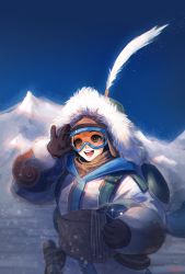 Rule 34 | 1girl, blue sky, coat, day, feathers, fur trim, goggles, hand on goggles, krusier, long sleeves, mei (overwatch), mountain, open mouth, outdoors, overwatch, overwatch 1, ski goggles, sky, smile, snow, solo, upper body, yeti hunter mei
