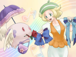 Rule 34 | 1girl, bag, bianca (pokemon), blonde hair, bow, breasts, commentary request, creatures (company), game freak, gen 5 pokemon, green eyes, green hat, handbag, hat, holding, holding bow (ornament), jacket, munna, nintendo, open mouth, pokemon, pokemon (creature), pokemon bw, short hair, smile, standing