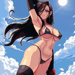Rule 34 | 1girl, 1tzah, animated, animated gif, bra, cameltoe, detached sleeves, earrings, final fantasy, final fantasy vii, jewelry, long hair, red eyes, sky, square enix, sun, thighhighs, thomg, tifa lockhart, underwear