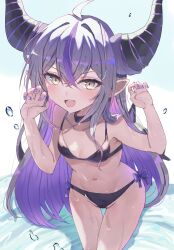 Rule 34 | 1girl, ahoge, bikini, black horns, breasts, colored inner hair, fang, highres, hololive, horns, la+ darknesss, long hair, looking at viewer, multicolored hair, nail polish, navel, open mouth, pointy ears, purple hair, purple nails, sidelocks, small breasts, smile, solo, streaked hair, striped horns, swimsuit, tenpura noraneko, very long hair, virtual youtuber, yellow eyes